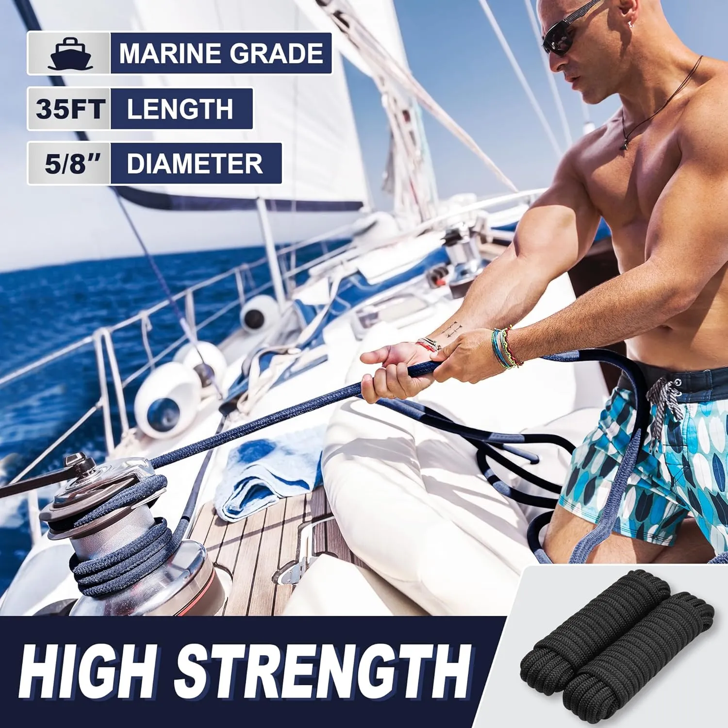 Dock Lines 5/8" x 35' Boat Dock line Double Braided Nylon Boat Ropes for Docking with Loop -2 Pack Black