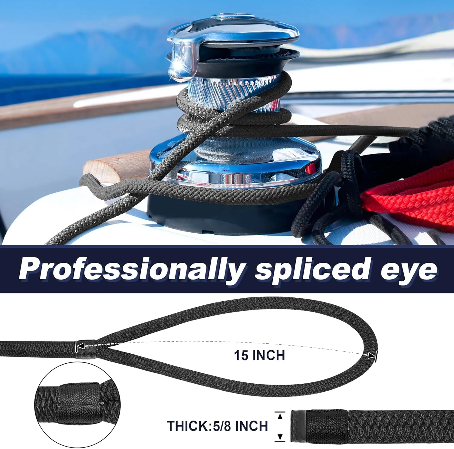 Dock Lines 5/8" x 35' Boat Dock line Double Braided Nylon Boat Ropes for Docking with Loop -2 Pack Black