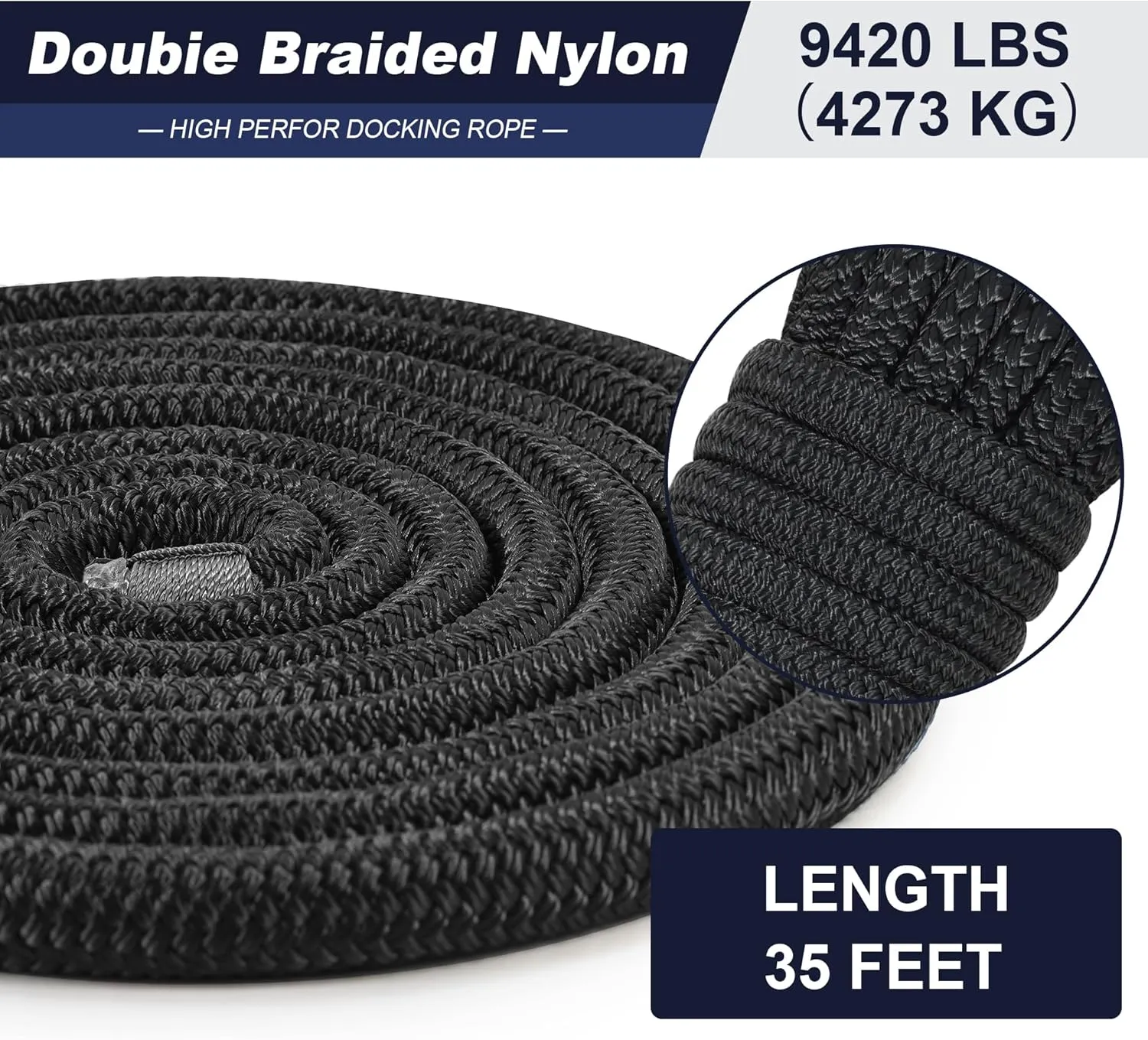 Dock Lines 5/8" x 35' Boat Dock line Double Braided Nylon Boat Ropes for Docking with Loop -2 Pack Black