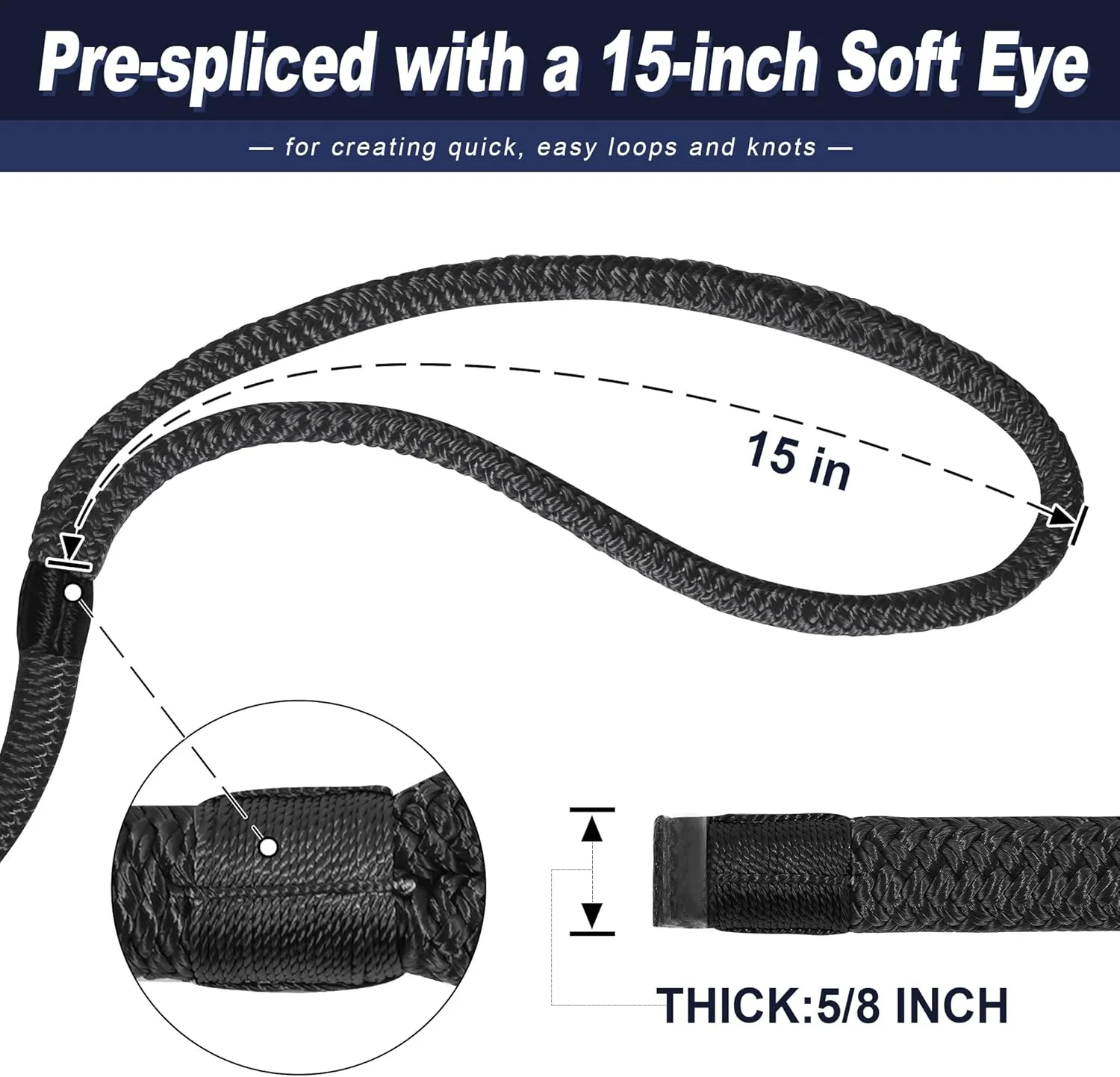 Dock Lines 5/8" x 35' Boat Dock line Double Braided Nylon Boat Ropes for Docking with Loop -2 Pack Black
