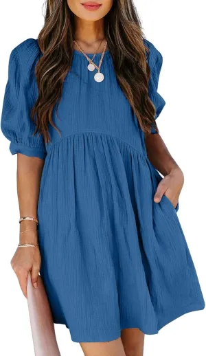 Dokotoo Womens 2025 Spring Summer Crewneck Puff Sleeve Babydoll Elegant Empire Waist Mini Swing Skater Dresses with Pockets