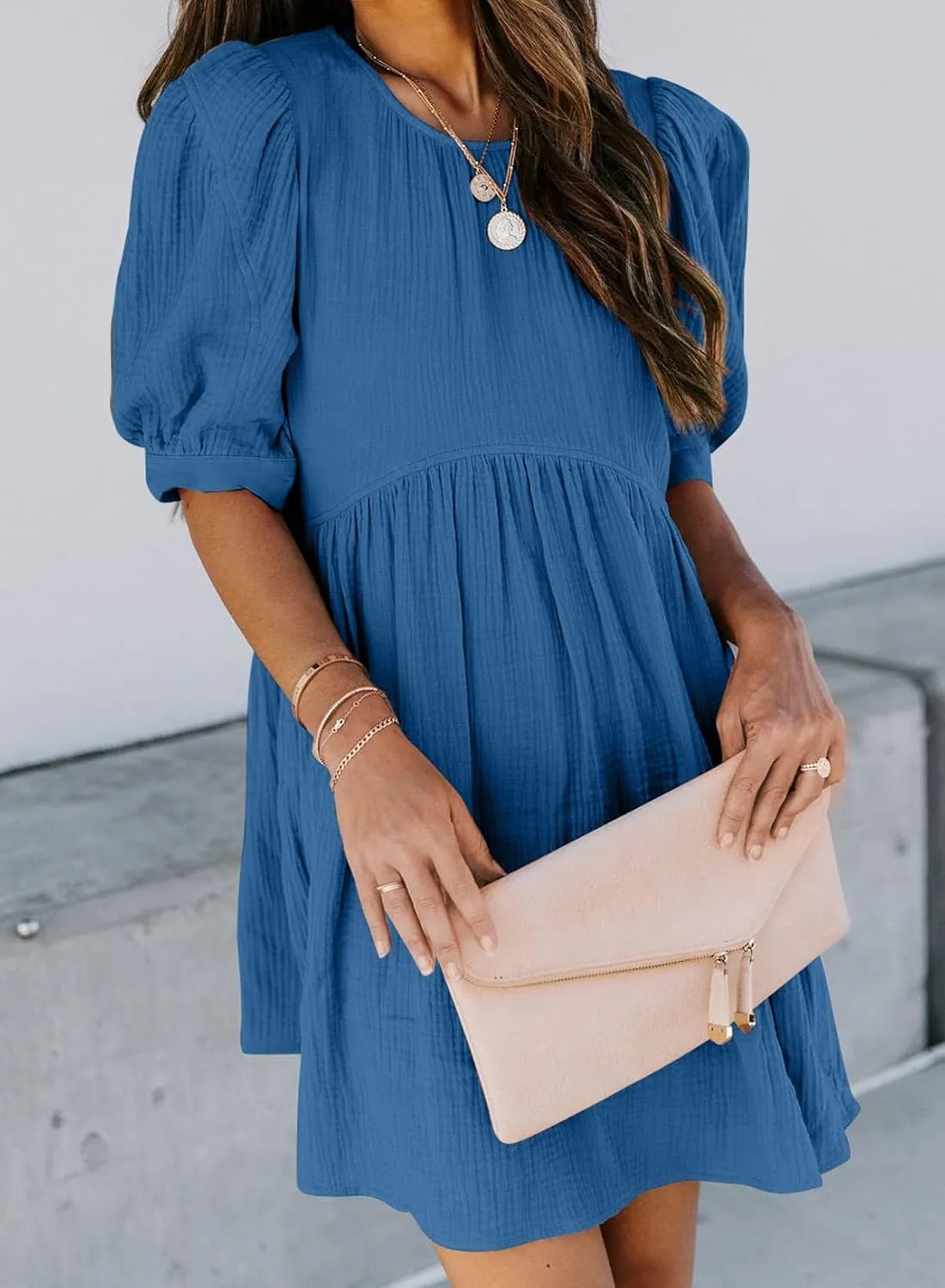 Dokotoo Womens 2025 Spring Summer Crewneck Puff Sleeve Babydoll Elegant Empire Waist Mini Swing Skater Dresses with Pockets