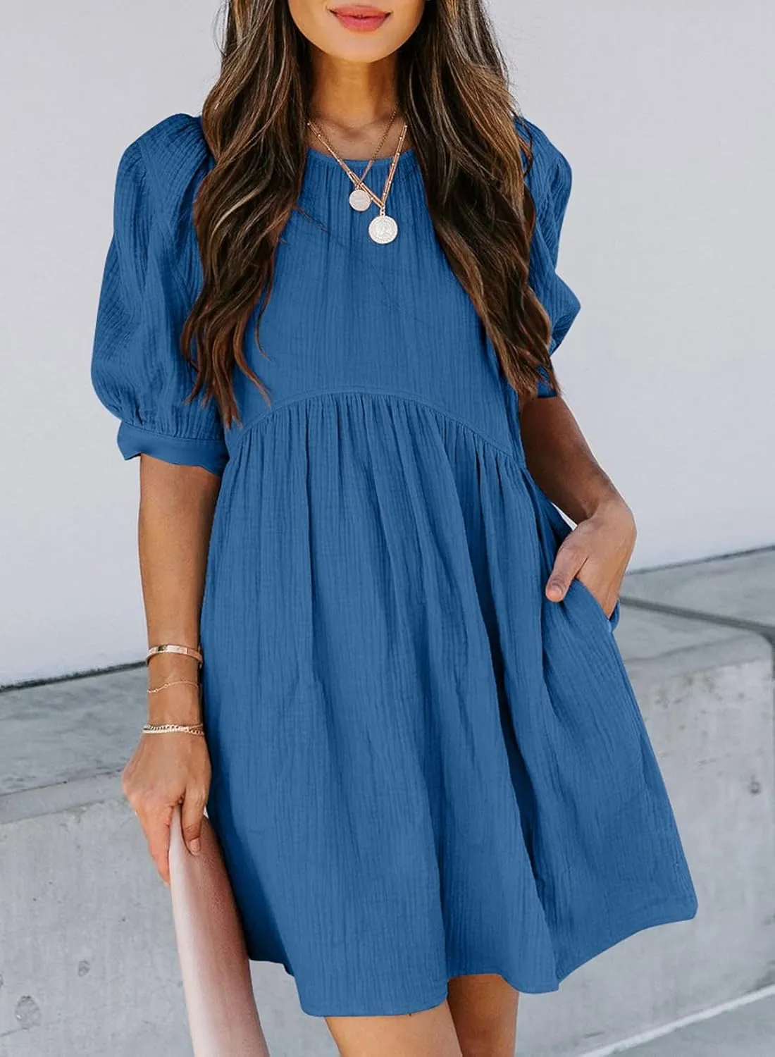 Dokotoo Womens 2025 Spring Summer Crewneck Puff Sleeve Babydoll Elegant Empire Waist Mini Swing Skater Dresses with Pockets