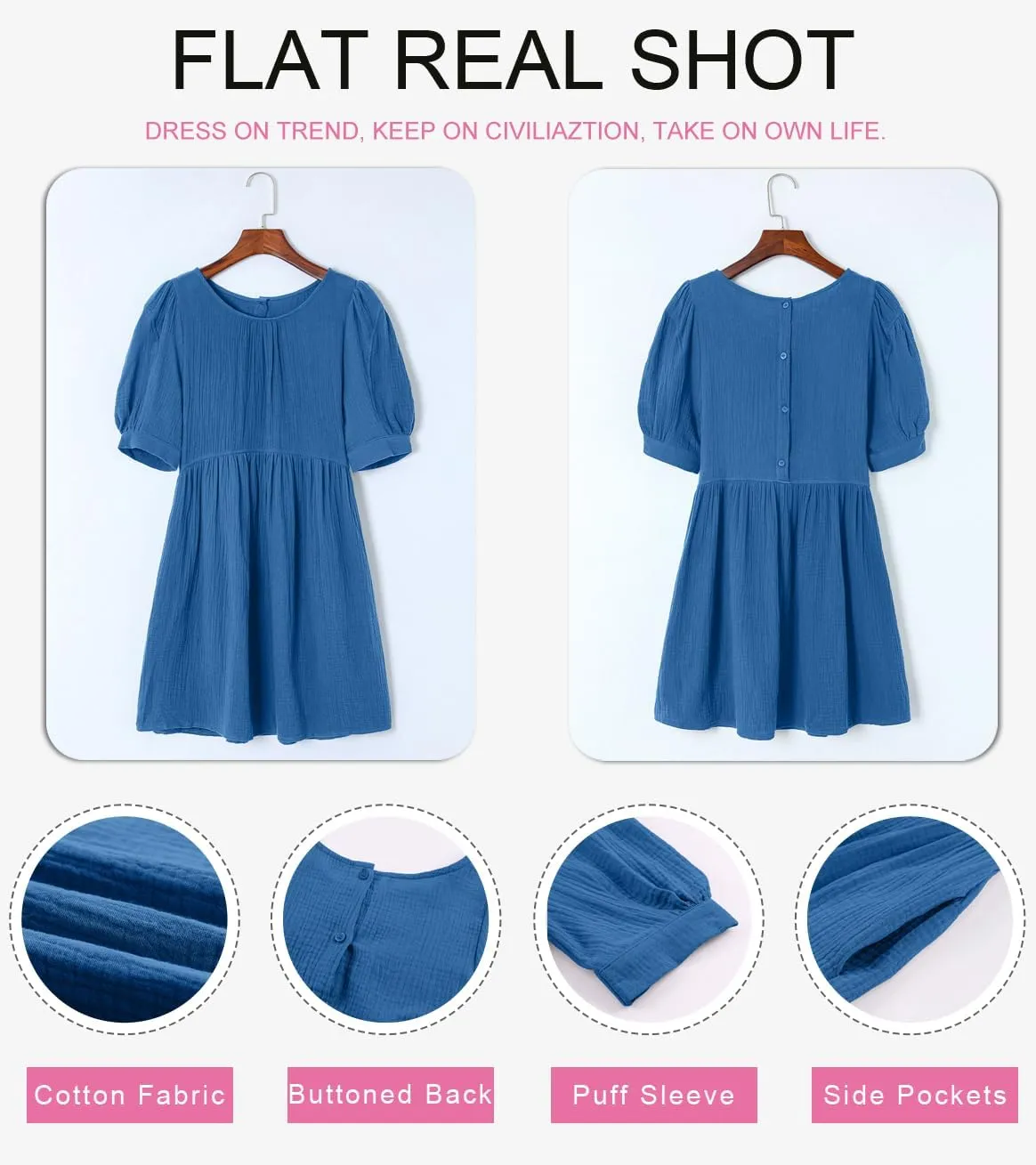 Dokotoo Womens 2025 Spring Summer Crewneck Puff Sleeve Babydoll Elegant Empire Waist Mini Swing Skater Dresses with Pockets