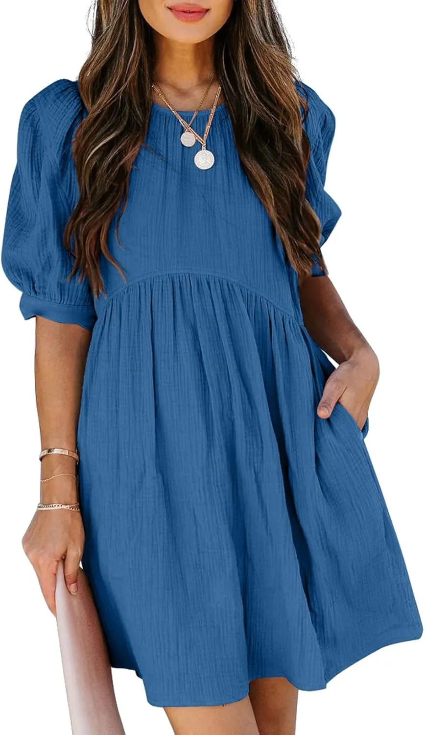 Dokotoo Womens 2025 Spring Summer Crewneck Puff Sleeve Babydoll Elegant Empire Waist Mini Swing Skater Dresses with Pockets