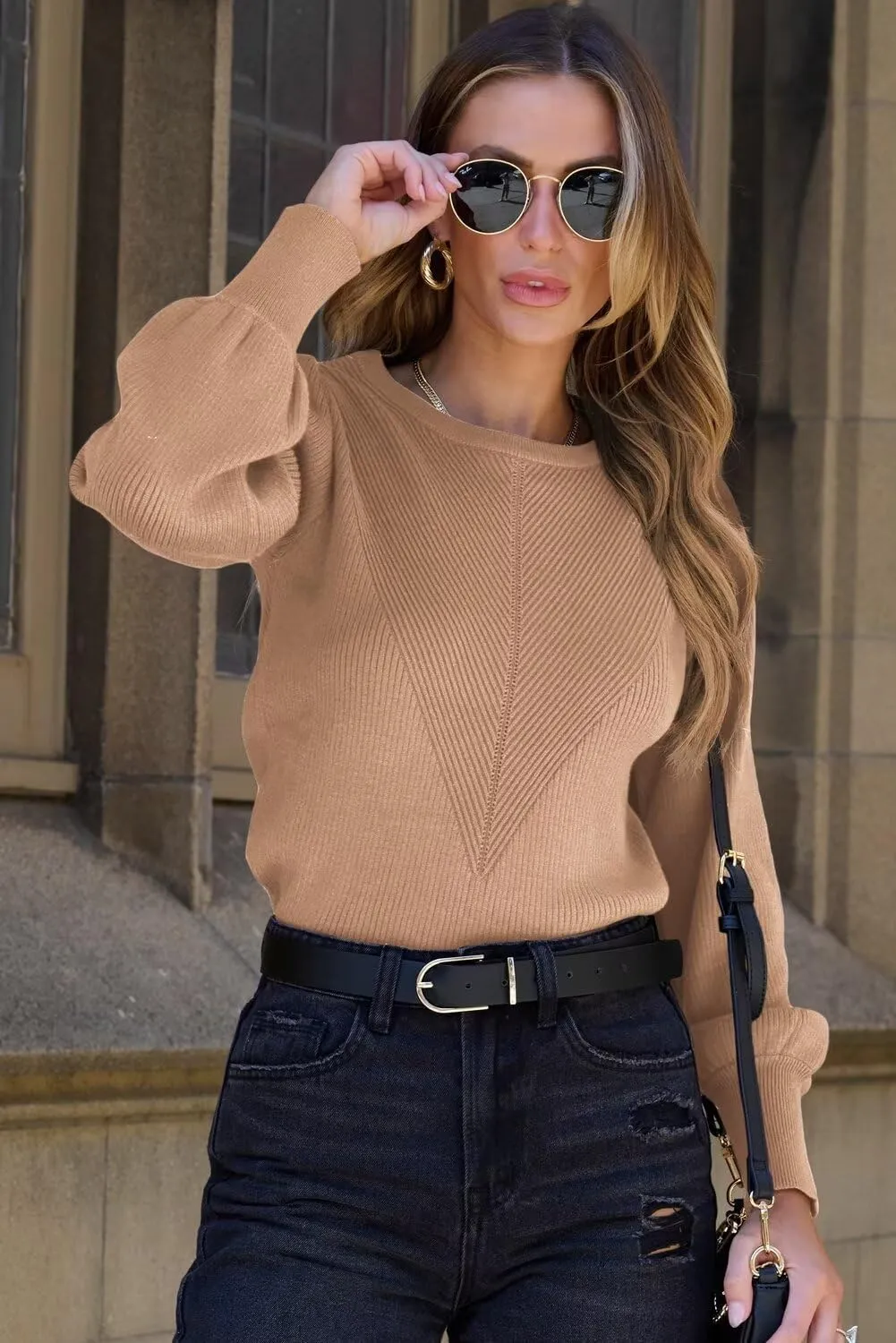 Dokotoo Womens Ribbed Knit Long Lantern Sleeves Sweater Crewneck Casual Slim Fit Pullover Jumper Tops