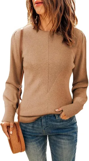 Dokotoo Womens Ribbed Knit Long Lantern Sleeves Sweater Crewneck Casual Slim Fit Pullover Jumper Tops