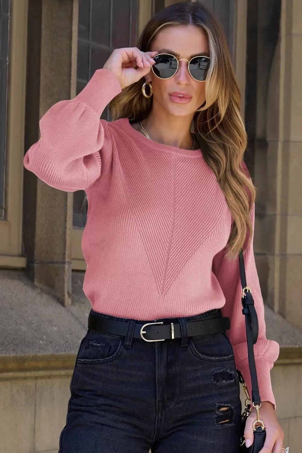 Dokotoo Womens Ribbed Knit Long Lantern Sleeves Sweater Crewneck Casual Slim Fit Pullover Jumper Tops