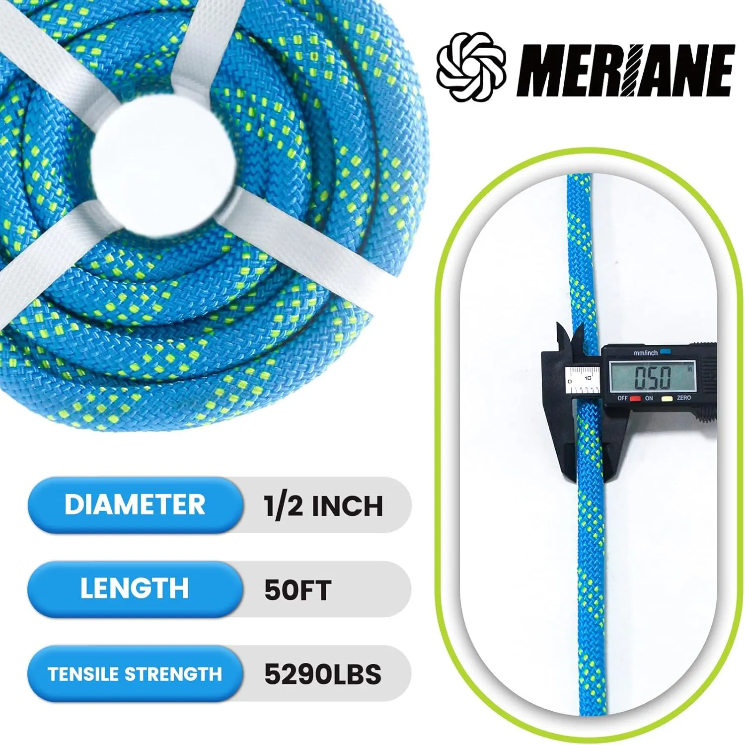Double Braid Polyester Rope 1/2inch 50ft, 5290lbs Breaking Strength, Blue Arborist Rigging Rope for Various Indoor Outdoor Applications Hiking Camping Swing Sailing