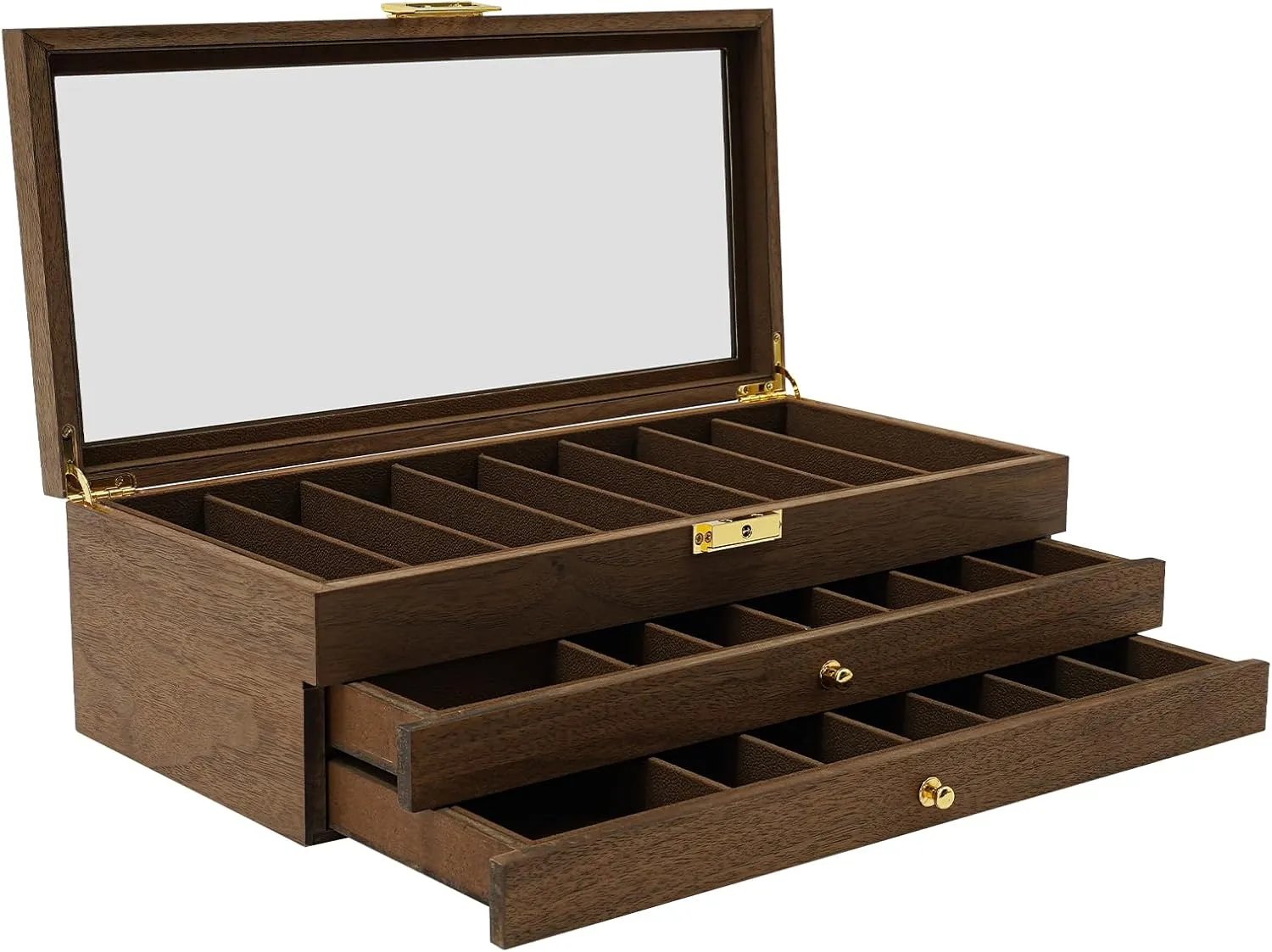 DouSeiAi Pocket Knife Display Case, 26 Slot Storage Box, 3-Tier Lockable Knife Organizer Storage Box with Glass Window Top, Men Gift, 15.7x7.6x4.7 inches