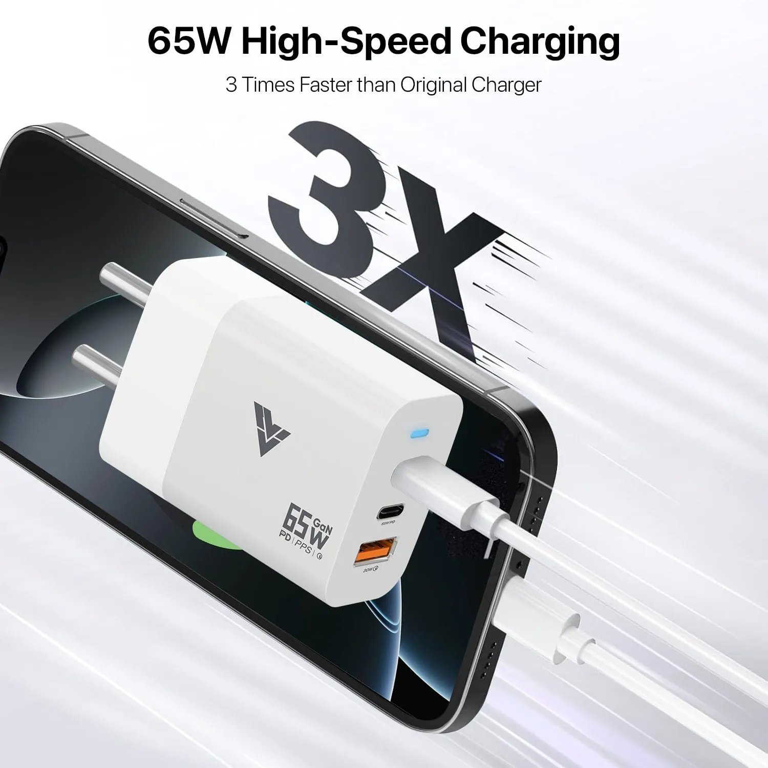 DR VAKU® 65W Charger Type C Fast Adapter with Multi Port Dual PD Charging GaN Technology for MacBook Laptop, iPhone 16/16 Plus/16 Pro/16 Pro Max, 15/14/13/12 Series, Samsung and Android Devices