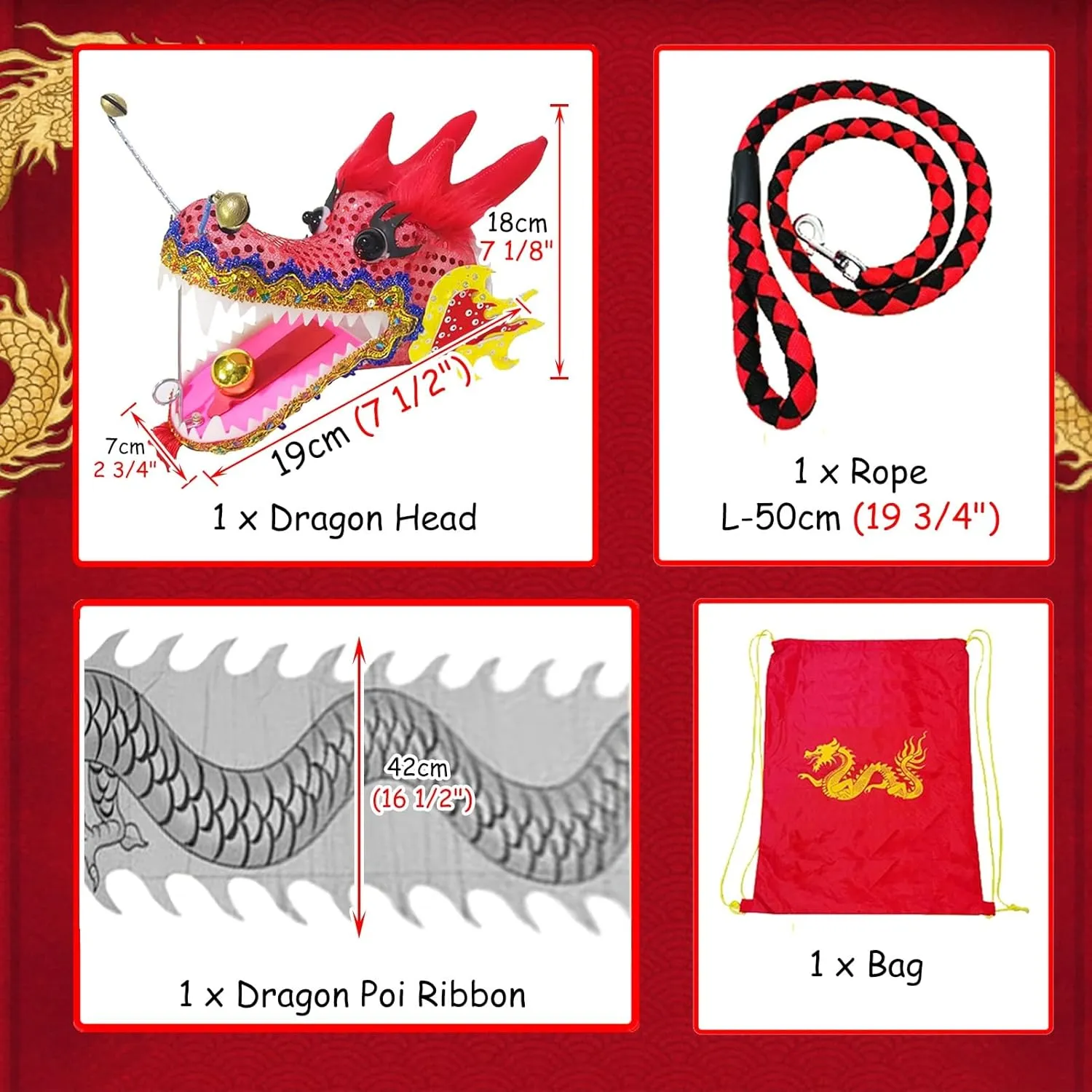 Dragon Poi 6.6/9.8/16.4ft Black Dance Dragon Poi Ribbon Combo, Outside Sports Dance Dragon Streamer Kites, 3D Plastic Dragon Head   Swing Rope   Travel Bag(2 m (6.6 ft))