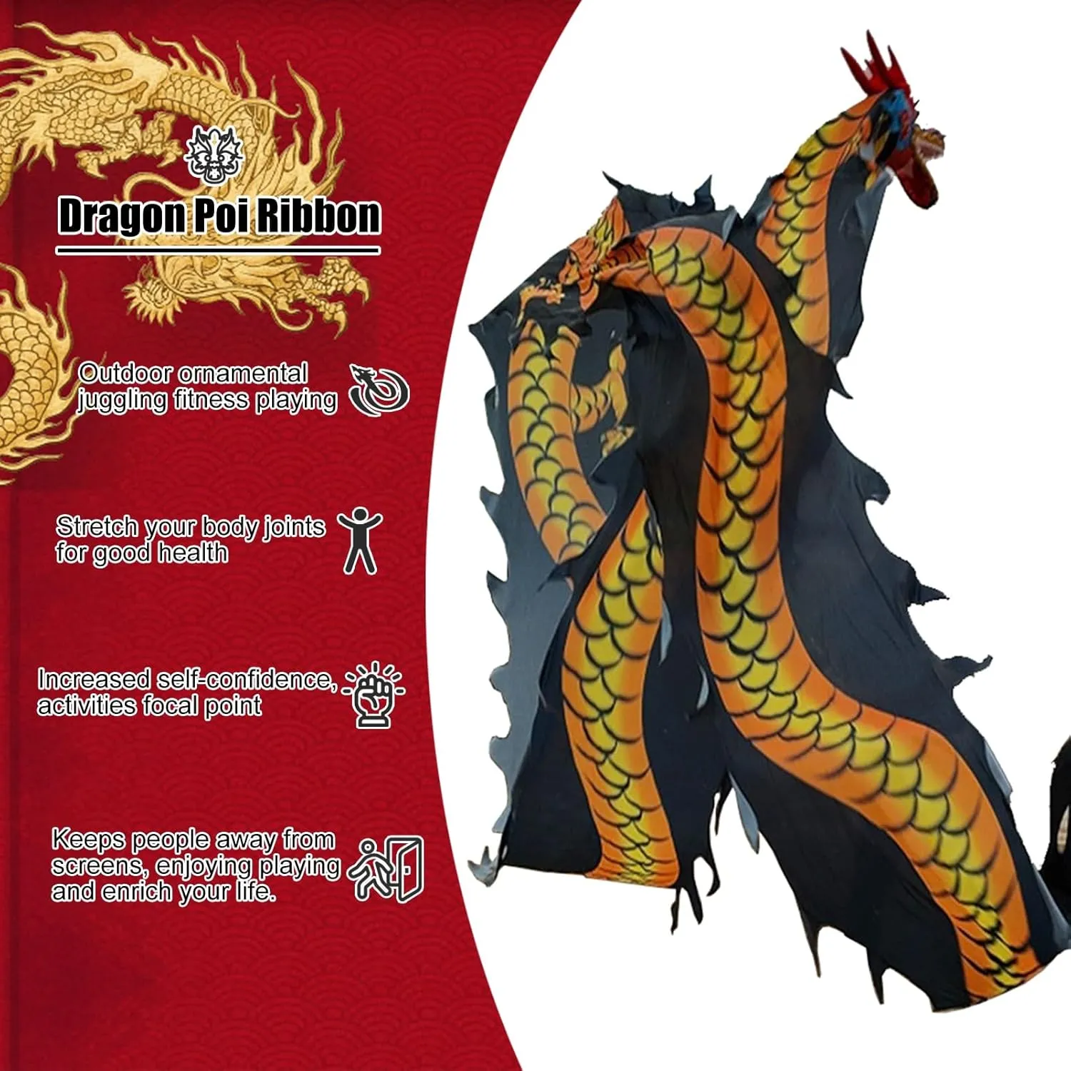 Dragon Poi 6.6/9.8/16.4ft Black Dance Dragon Poi Ribbon Combo, Outside Sports Dance Dragon Streamer Kites, 3D Plastic Dragon Head   Swing Rope   Travel Bag(2 m (6.6 ft))