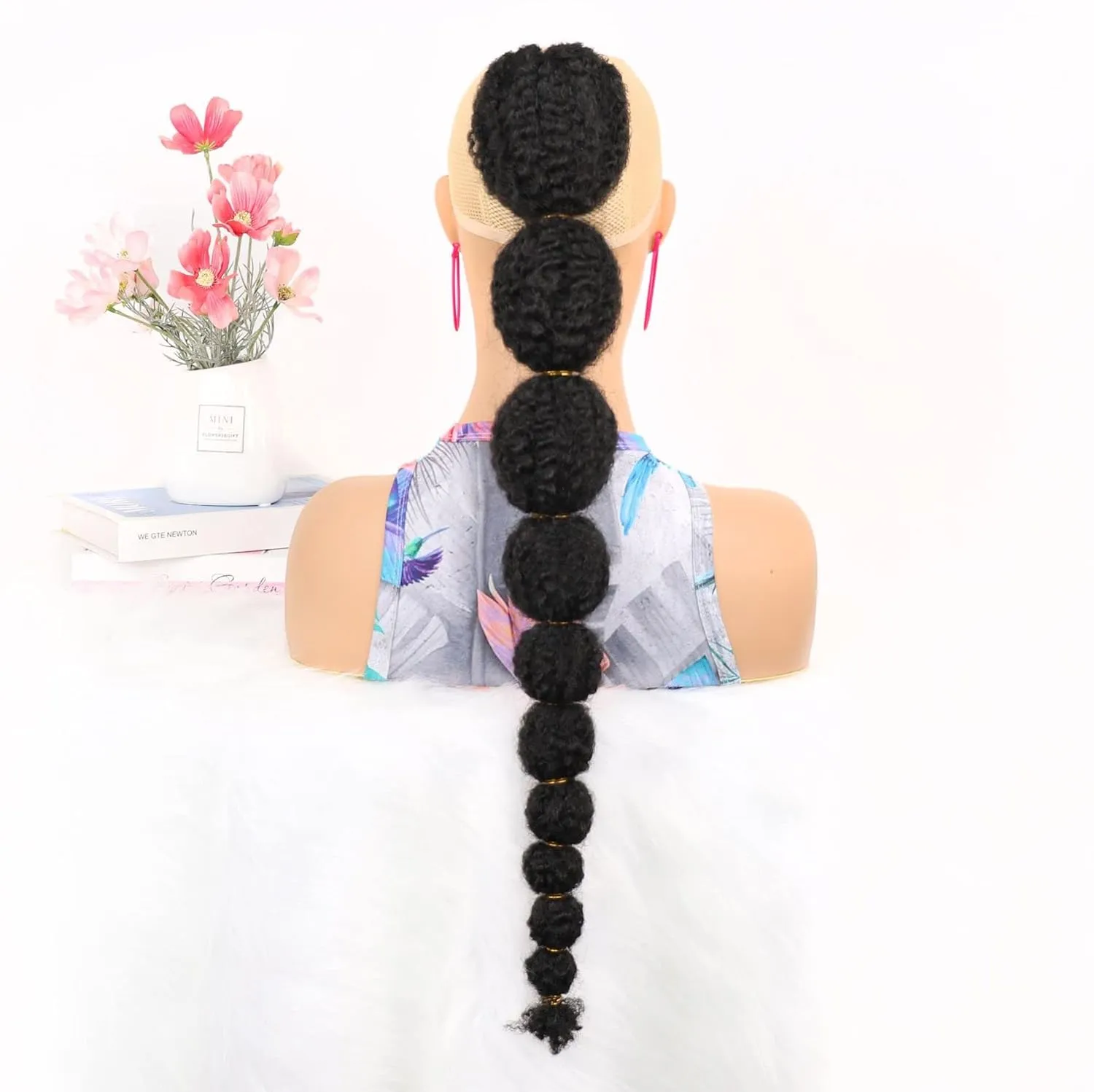 Drawstring Ponytail for Black Women 24 Inchs Bubble Ponytail Extensions Clip on Afro Puff Kinky Curly Lantern Braid Synthetic Hairpieces Long Black Bubble Braid Ponytail for Black Women (Natural Black)
