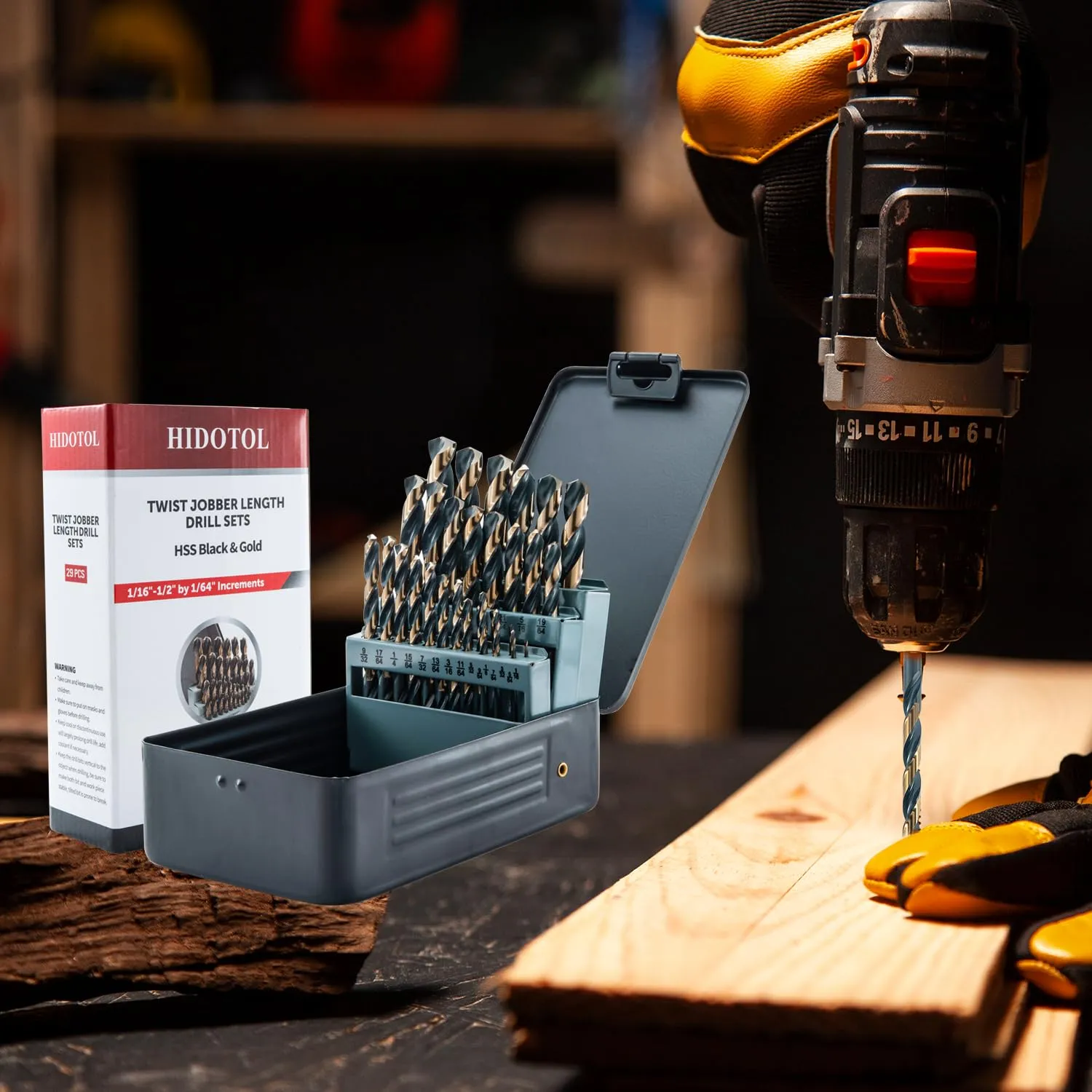 Drill Bit Set 29Pcs, 135 Degree Tip High Speed Steel with Black and Gold Finish, Stainless Steel, Plastic and Wood with Metal Indexed Storage Case 1/16"-1/2"