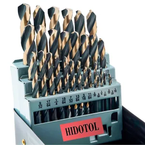Drill Bit Set 29Pcs, 135 Degree Tip High Speed Steel with Black and Gold Finish, Stainless Steel, Plastic and Wood with Metal Indexed Storage Case 1/16"-1/2"