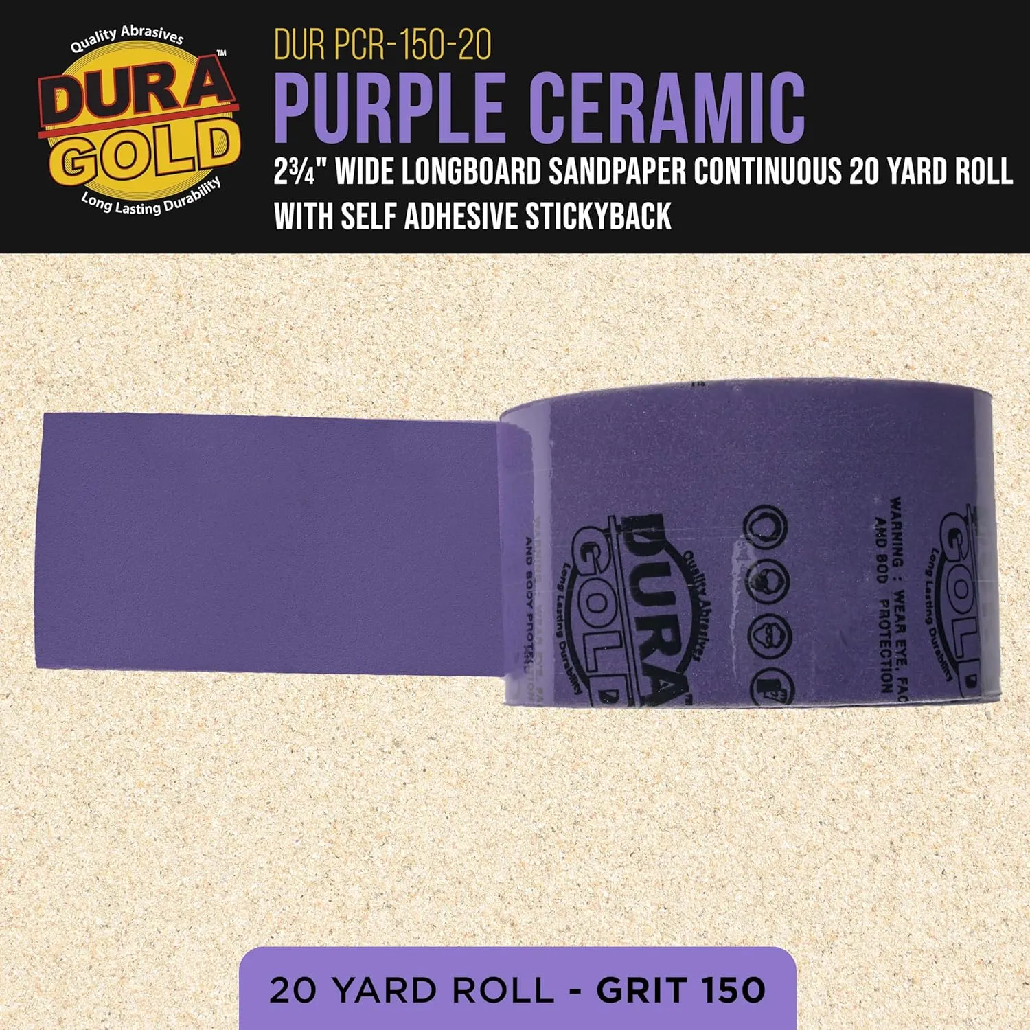 Dura-Gold Premium 150 Grit PSA Purple Film Ceramic Longboard Sandpaper, 2-3/4" Wide Continuous 20 Yard Roll - Self Adhesive Stickyback for Auto & Wood Air File Long Board Sanders, Hand Sanding Blocks
