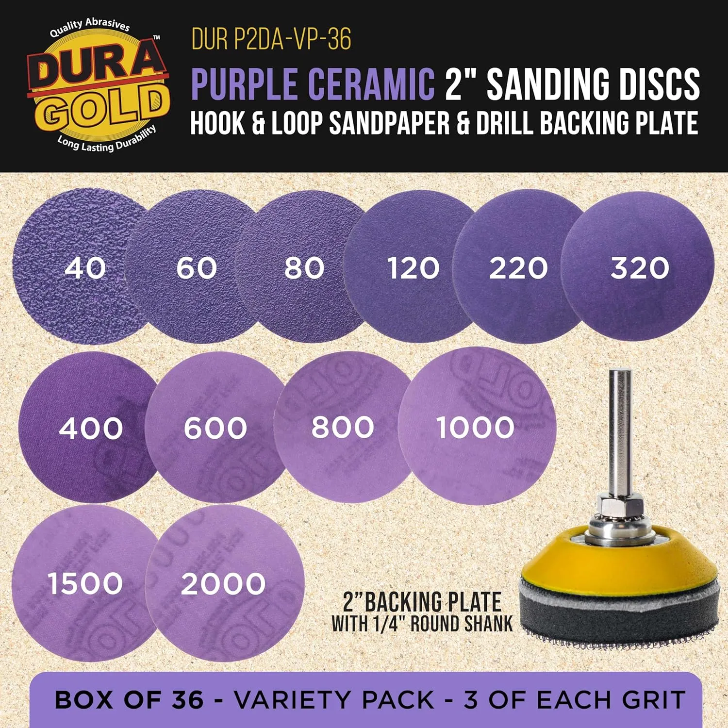 Dura-Gold Premium 2" Purple Film Ceramic Sanding Discs, 36 Disc Variety Pack, Grits 40, 60, 80, 120, 220, 320, 400, 600, 800, 1000, 1500, 2000 - Hook & Loop Sandpaper & Drill Backing Plate - Auto Wood