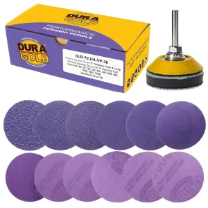 Dura-Gold Premium 2" Purple Film Ceramic Sanding Discs, 36 Disc Variety Pack, Grits 40, 60, 80, 120, 220, 320, 400, 600, 800, 1000, 1500, 2000 - Hook & Loop Sandpaper & Drill Backing Plate - Auto Wood