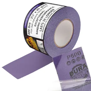 Dura-Gold Premium 600 Grit PSA Purple Film Ceramic Longboard Sandpaper, 2-3/4" Wide Continuous 20 Yard Roll - Self Adhesive Stickyback for Auto & Wood Air File Long Board Sanders, Hand Sanding Blocks