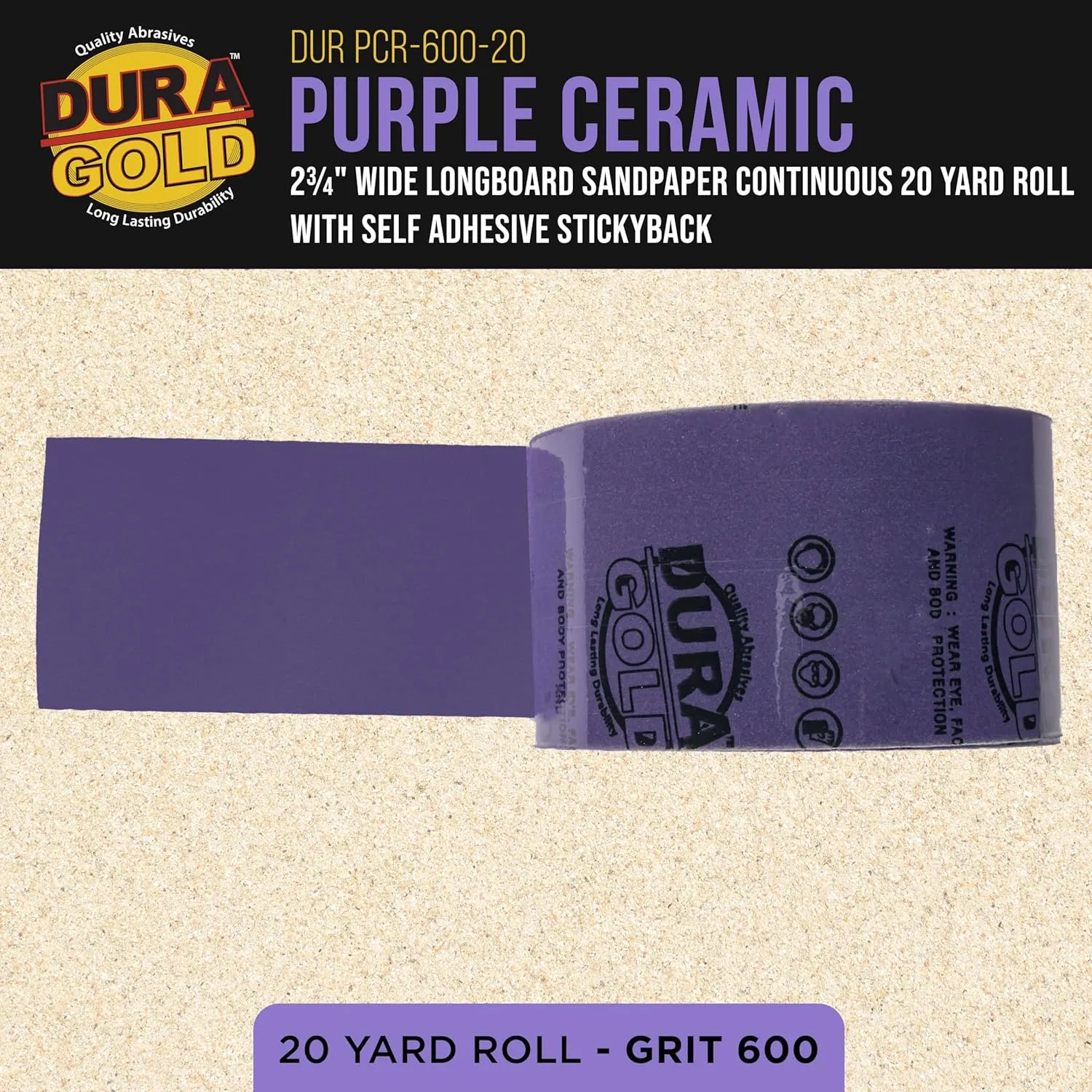 Dura-Gold Premium 600 Grit PSA Purple Film Ceramic Longboard Sandpaper, 2-3/4" Wide Continuous 20 Yard Roll - Self Adhesive Stickyback for Auto & Wood Air File Long Board Sanders, Hand Sanding Blocks