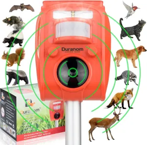DURANOM Solar Ultrasonic Animal Cat Deer Repeller Outdoor Motion Sensor Activated Strobe Flashing Ligh Rodent Garden Repellent Deterrent
