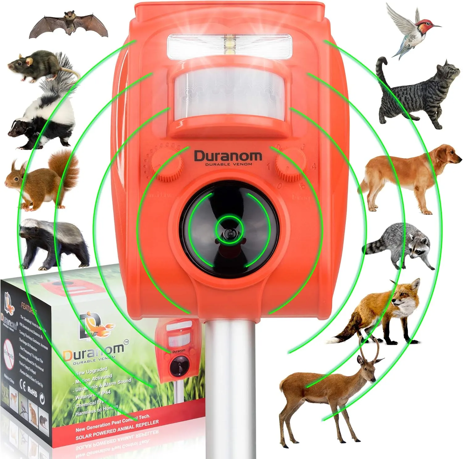 DURANOM Solar Ultrasonic Animal Cat Deer Repeller Outdoor Motion Sensor Activated Strobe Flashing Ligh Rodent Garden Repellent Deterrent