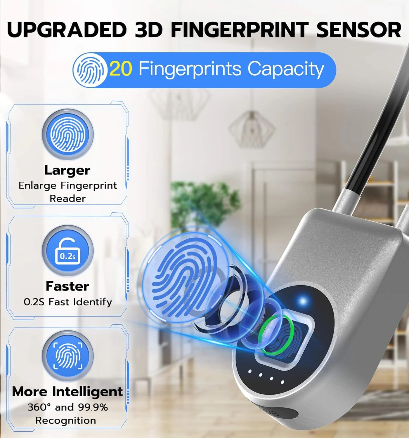 eLinkSmart Fingerprint Cable Lock, 3.6" Long Shackle Small Keyless Biometric Waterproof Bluetooth Smart Padlock for Gate Outdoor Fence Gym Locker Cabinet Pool Yard Ski Luggage Travel - Silver
