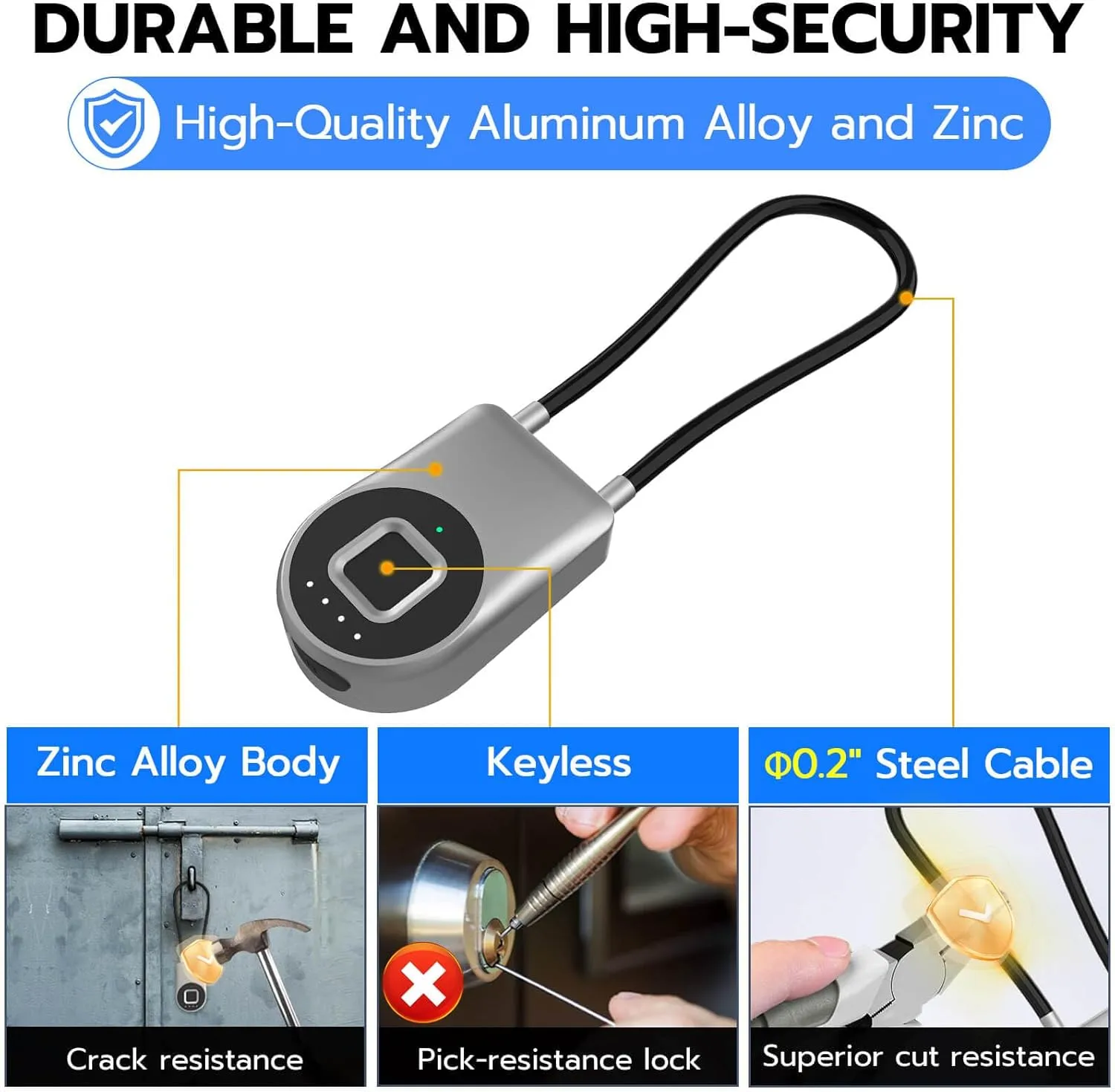eLinkSmart Fingerprint Cable Lock, 3.6" Long Shackle Small Keyless Biometric Waterproof Bluetooth Smart Padlock for Gate Outdoor Fence Gym Locker Cabinet Pool Yard Ski Luggage Travel - Silver