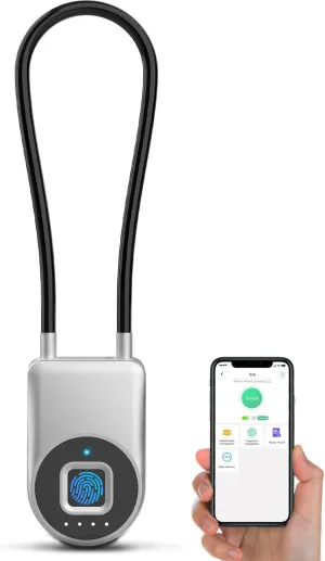 eLinkSmart Fingerprint Cable Lock, 3.6" Long Shackle Small Keyless Biometric Waterproof Bluetooth Smart Padlock for Gate Outdoor Fence Gym Locker Cabinet Pool Yard Ski Luggage Travel - Silver