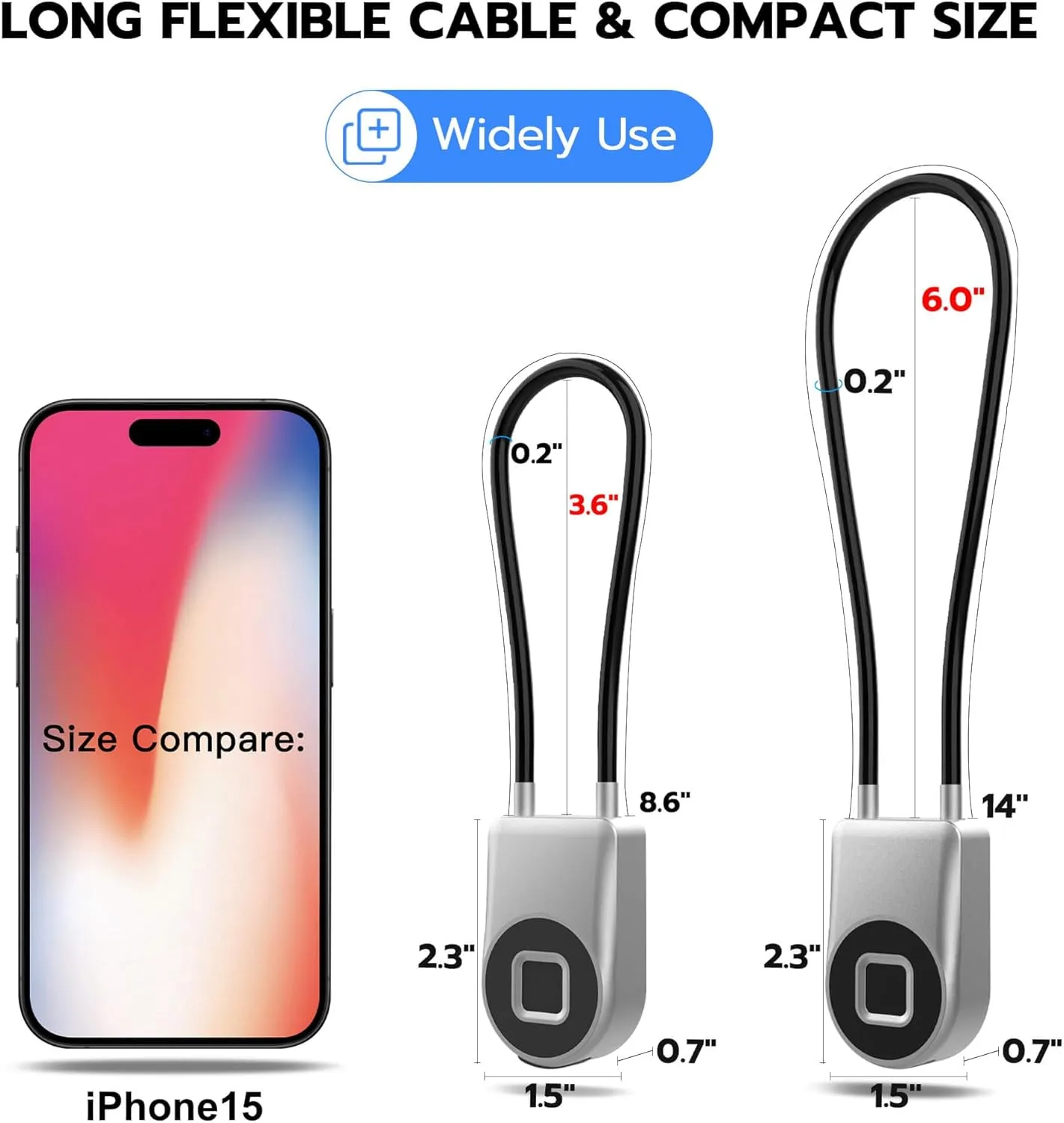 eLinkSmart Fingerprint Cable Lock, 3.6" Long Shackle Small Keyless Biometric Waterproof Bluetooth Smart Padlock for Gate Outdoor Fence Gym Locker Cabinet Pool Yard Ski Luggage Travel - Silver