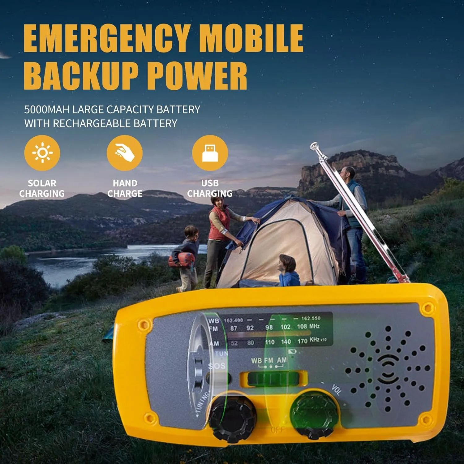 Emergency NOAA Weather Alert Radio - AM/FM Shortwave Portable Radio with 5000mAh Battery, Solar/Hand Crank Charger, LED Flashlight, USB Backup Power& SOS Alarm for Camping, Storms