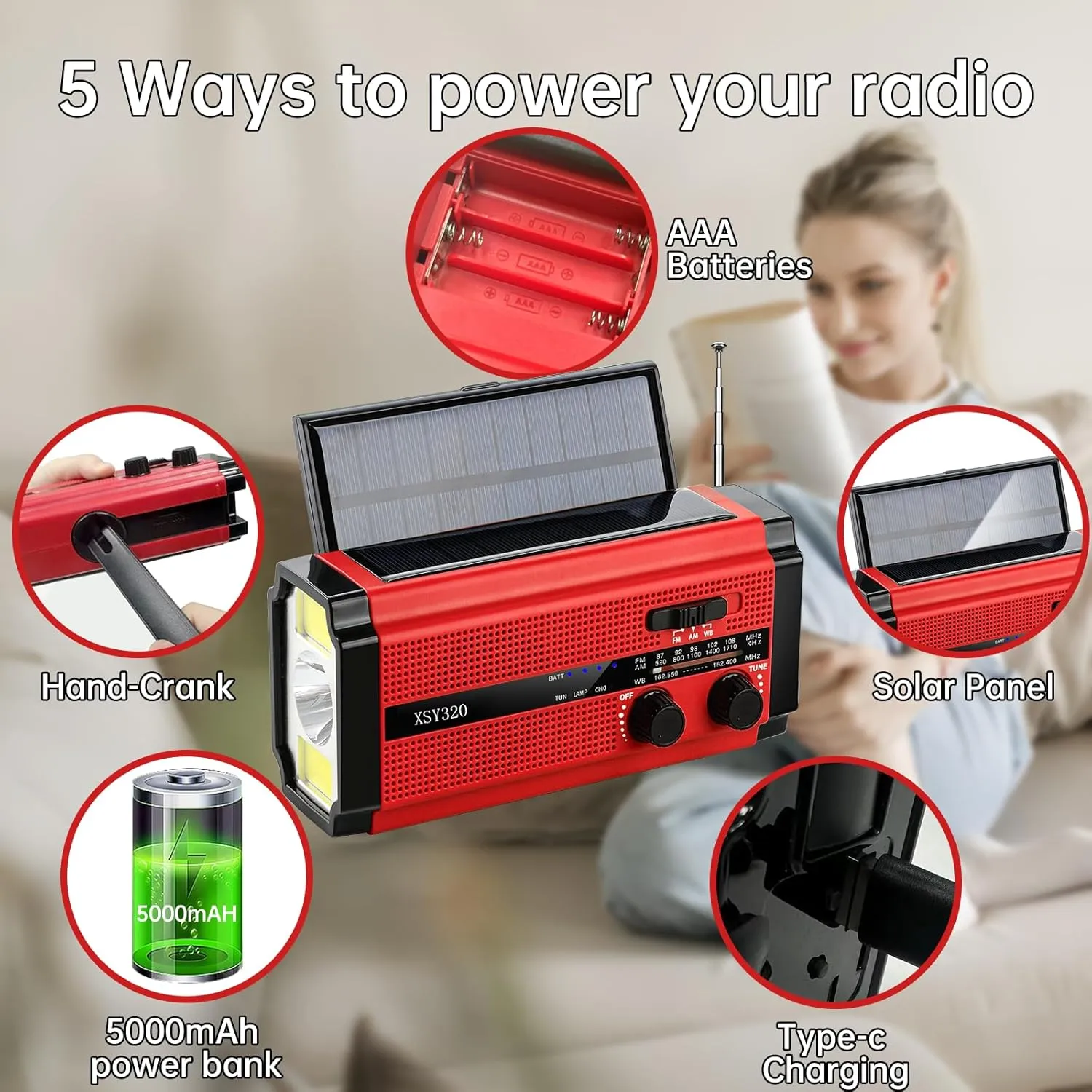 Emergency Radio Hand Crank Solar,AM/FM/WB NOAA Weather Radios with Oversized Solar Powered Power Panel,Type-C Charger,3W Flashlight & Reading Lamp,SOS Alarm,5000 mAh Battery Operated Survival Radio
