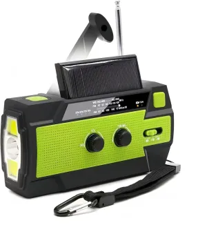 Emergency Weather Radio with AM/FM/WB, 4000mAh Hand Crank & Solar Powered, 3 LED Flashlights, LED Induction Reading Lamp, SOS Alarm, USB Charger for Cell Phones – Green