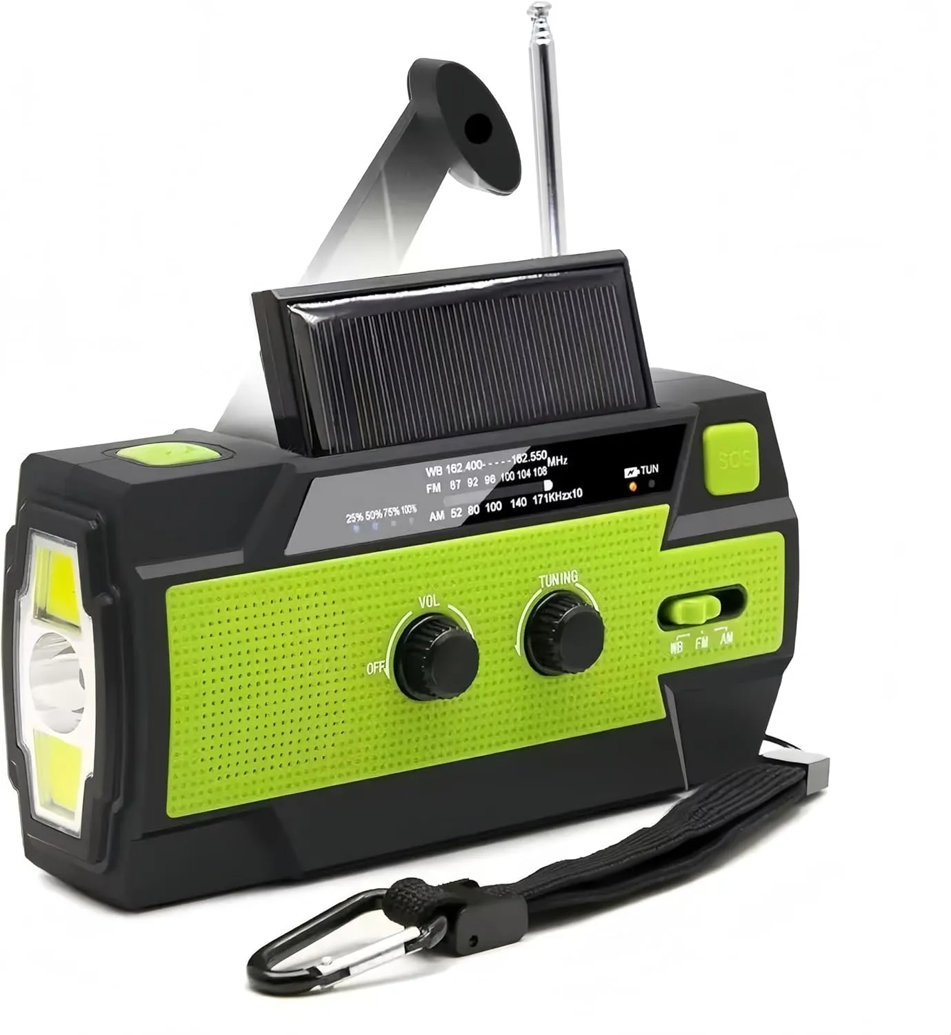 Emergency Weather Radio with AM/FM/WB, 4000mAh Hand Crank & Solar Powered, 3 LED Flashlights, LED Induction Reading Lamp, SOS Alarm, USB Charger for Cell Phones – Green