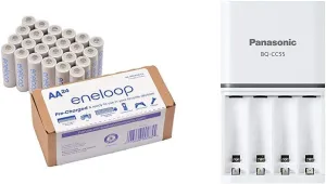 Eneloop Panasonic BK-3MCA24/CA AA 2100 Cycle Ni-MH Pre-Charged Rechargeable Batteries 24 Pack & BQ-CC55SBA Advanced Individual Battery 3 Hour Quick Charger with 4 LED Charge Indicator Lights