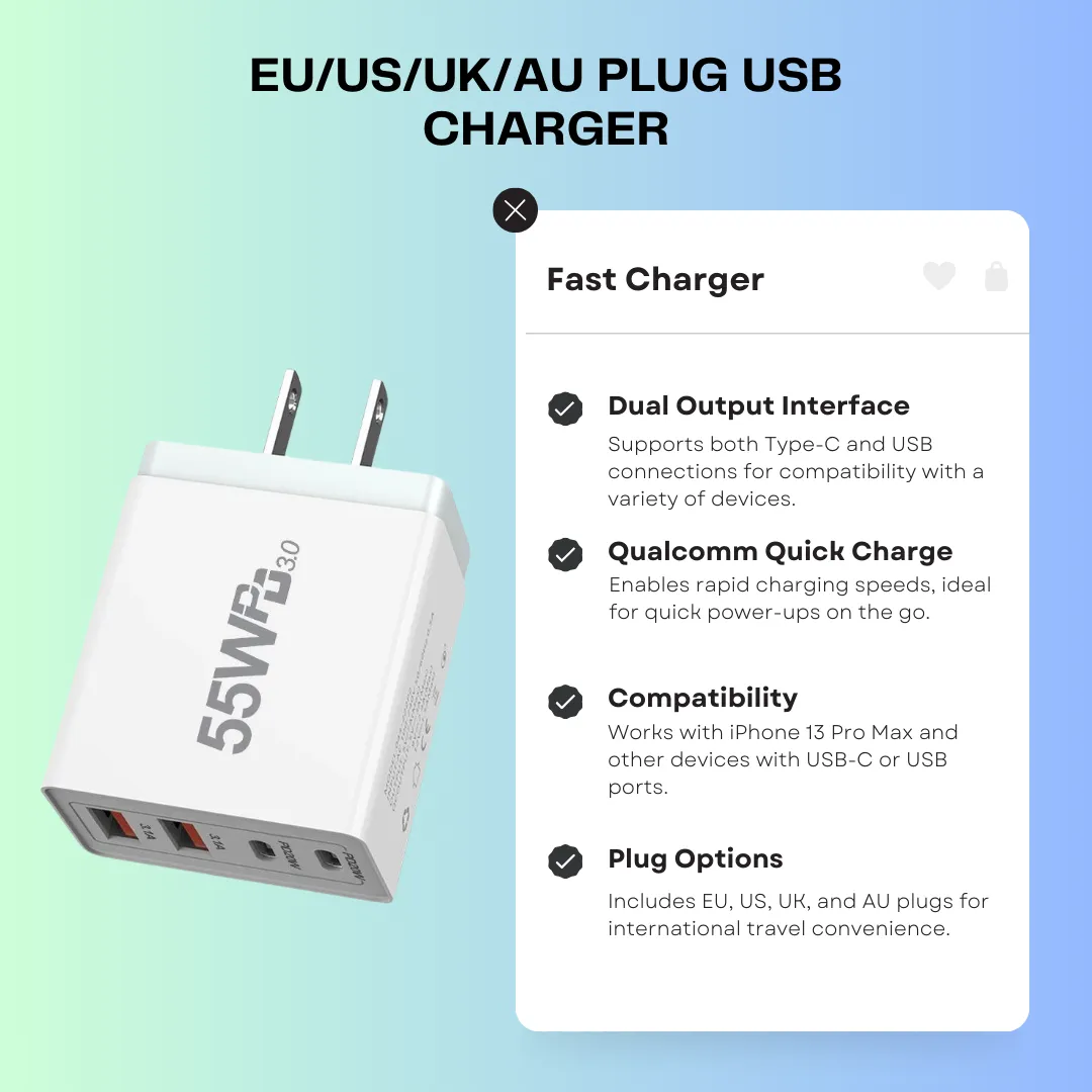 EU/US/UK/AU Plug USB Quick Charge 3.0 Phone Adapter - Portable Fast Charger with Type-C for iPhone 13 Pro Max