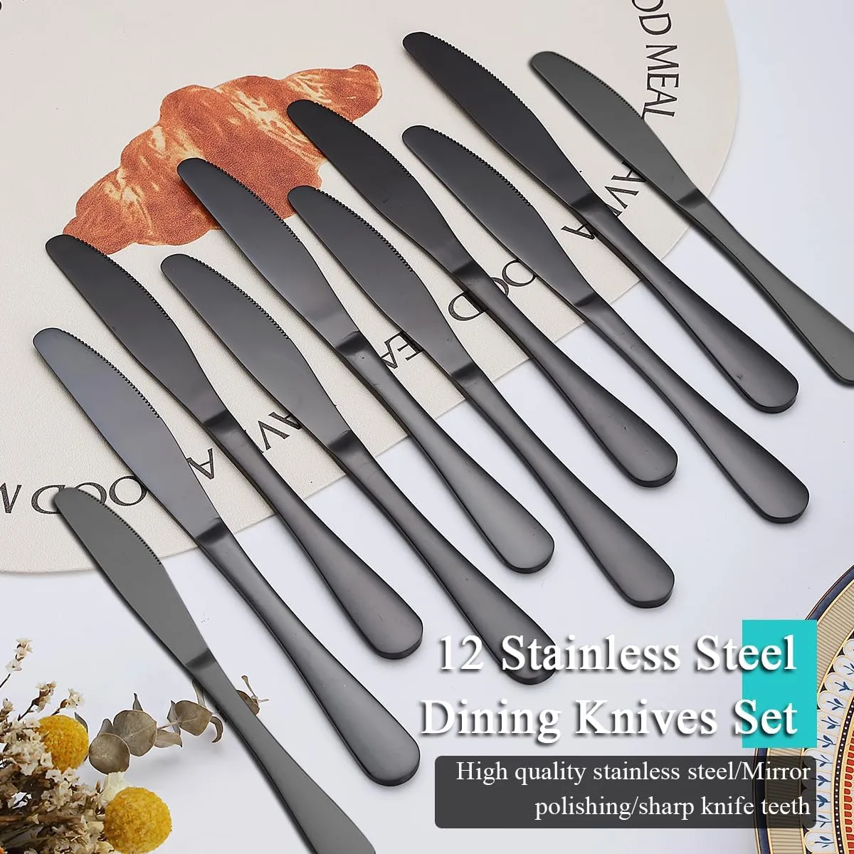 Evanda Black Dinner Knives 12 Pieces,Titanium Plating Black Stainless Steel Steak Knives Set Table Knives, Flatware Butter knife Knives Set Cutlery Set, Dishwasher safe