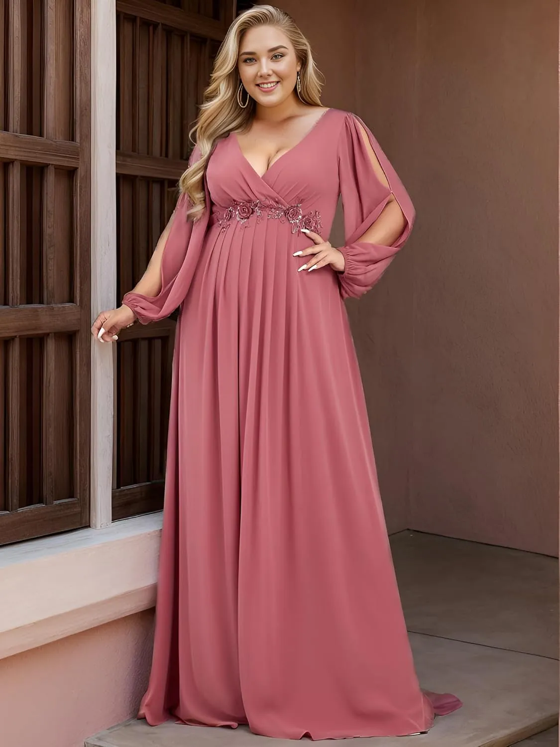 Ever-Pretty V Neck Long Sleeves Applique Chiffon Plus Size Floor Length Formal Evening Dresses for Curvy Women 00461-DA