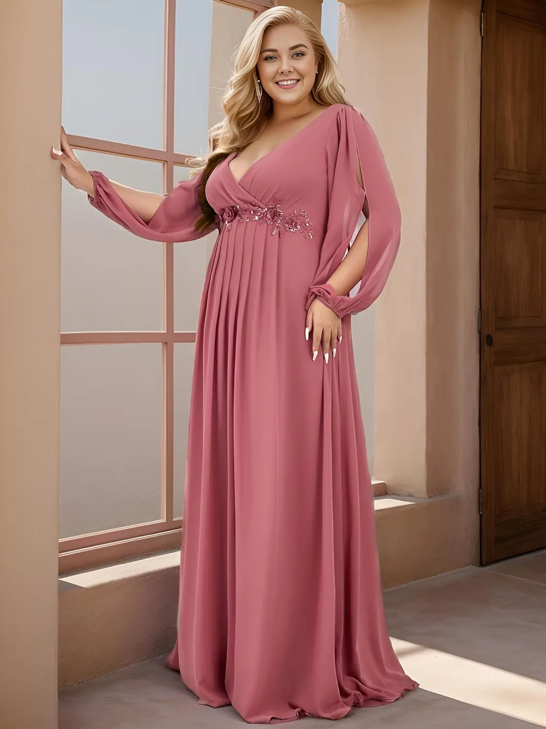 Ever-Pretty V Neck Long Sleeves Applique Chiffon Plus Size Floor Length Formal Evening Dresses for Curvy Women 00461-DA