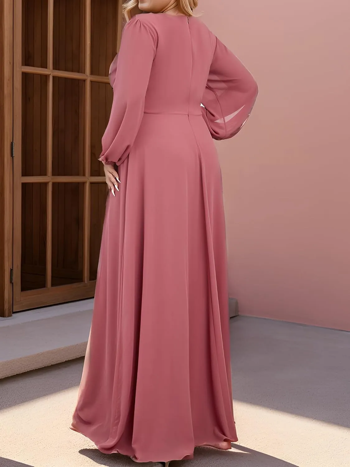 Ever-Pretty V Neck Long Sleeves Applique Chiffon Plus Size Floor Length Formal Evening Dresses for Curvy Women 00461-DA