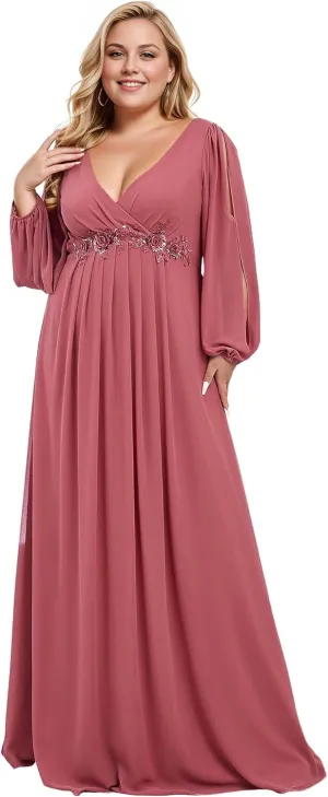 Ever-Pretty V Neck Long Sleeves Applique Chiffon Plus Size Floor Length Formal Evening Dresses for Curvy Women 00461-DA