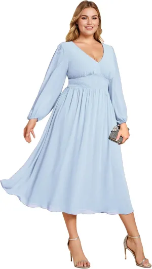 Ever-Pretty Women's A Line V Neck Lantern Sleeves Midi Plus Size Formal Fresses for Curvy Women 01929-DA