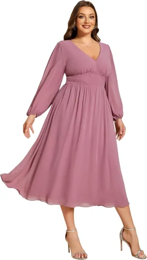 Ever-Pretty Women's A Line V Neck Lantern Sleeves Midi Plus Size Formal Fresses for Curvy Women 01929-DA