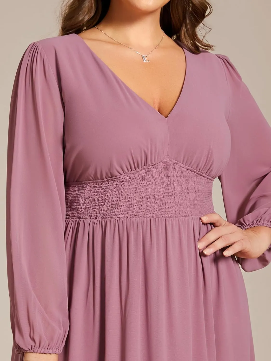 Ever-Pretty Women's A Line V Neck Lantern Sleeves Midi Plus Size Formal Fresses for Curvy Women 01929-DA