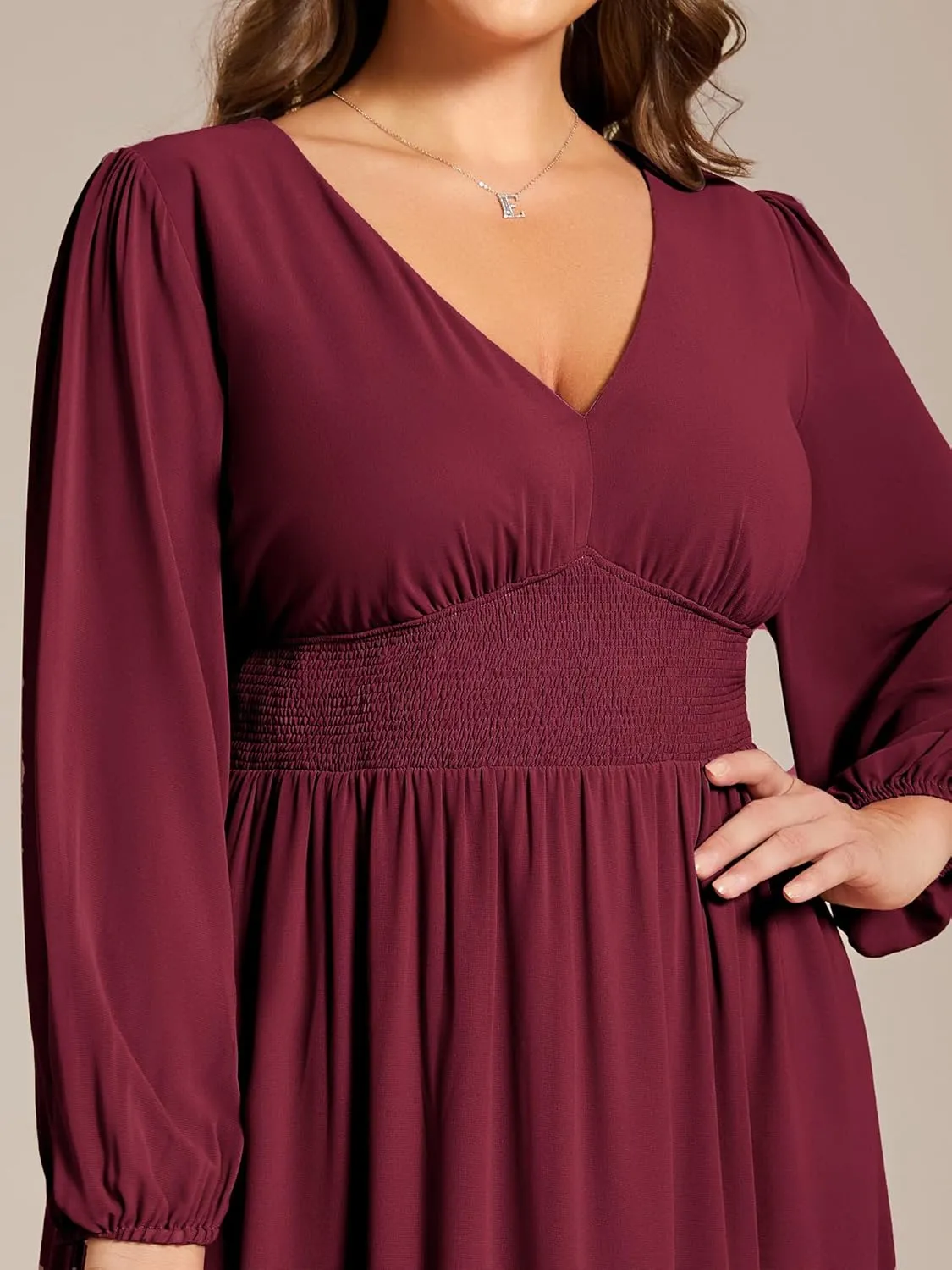 Ever-Pretty Women's A Line V Neck Lantern Sleeves Midi Plus Size Formal Fresses for Curvy Women 01929-DA