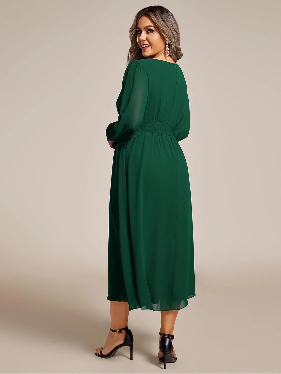 Ever-Pretty Women's A Line V Neck Lantern Sleeves Midi Plus Size Formal Fresses for Curvy Women 01929-DA