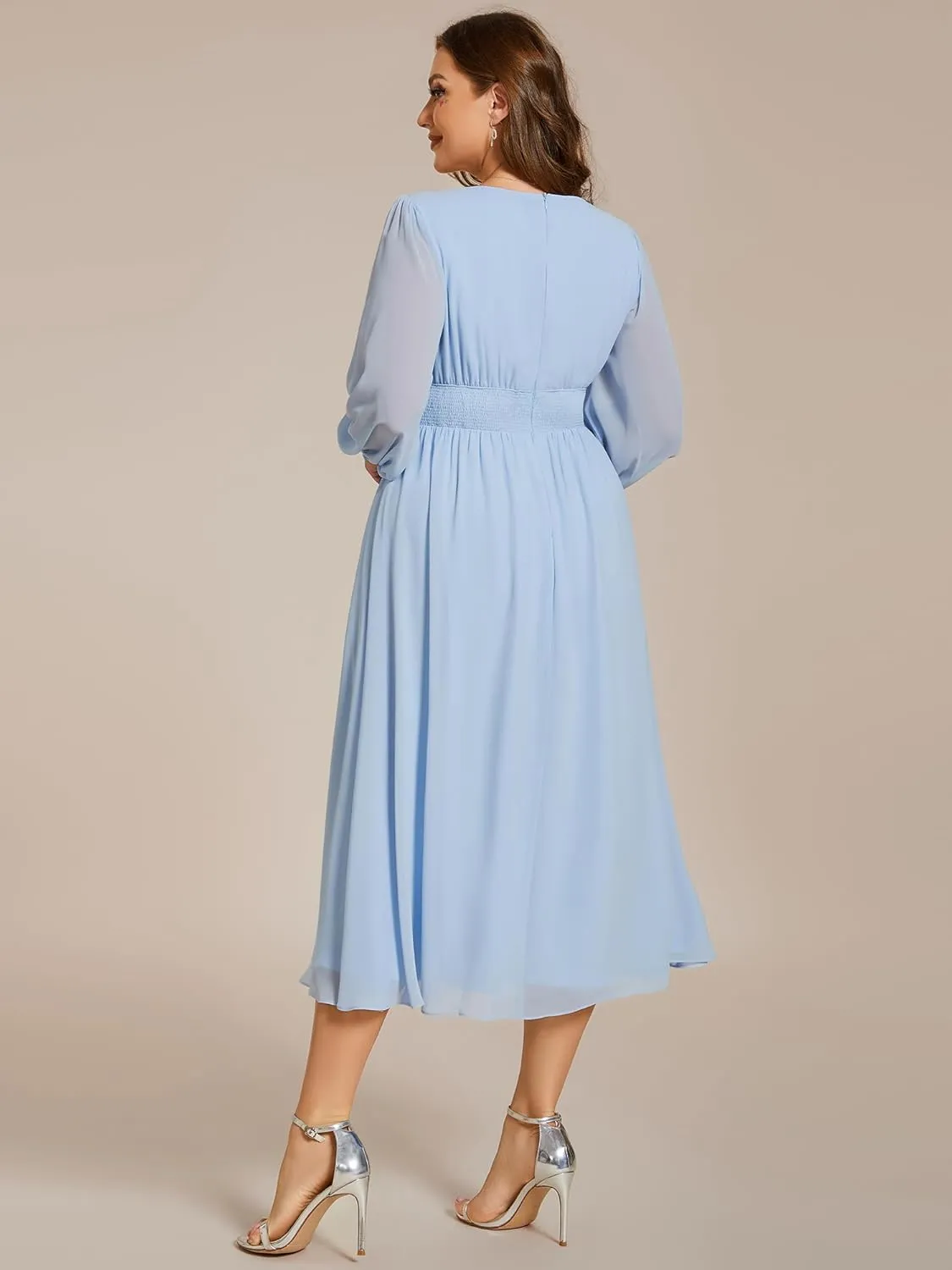Ever-Pretty Women's A Line V Neck Lantern Sleeves Midi Plus Size Formal Fresses for Curvy Women 01929-DA