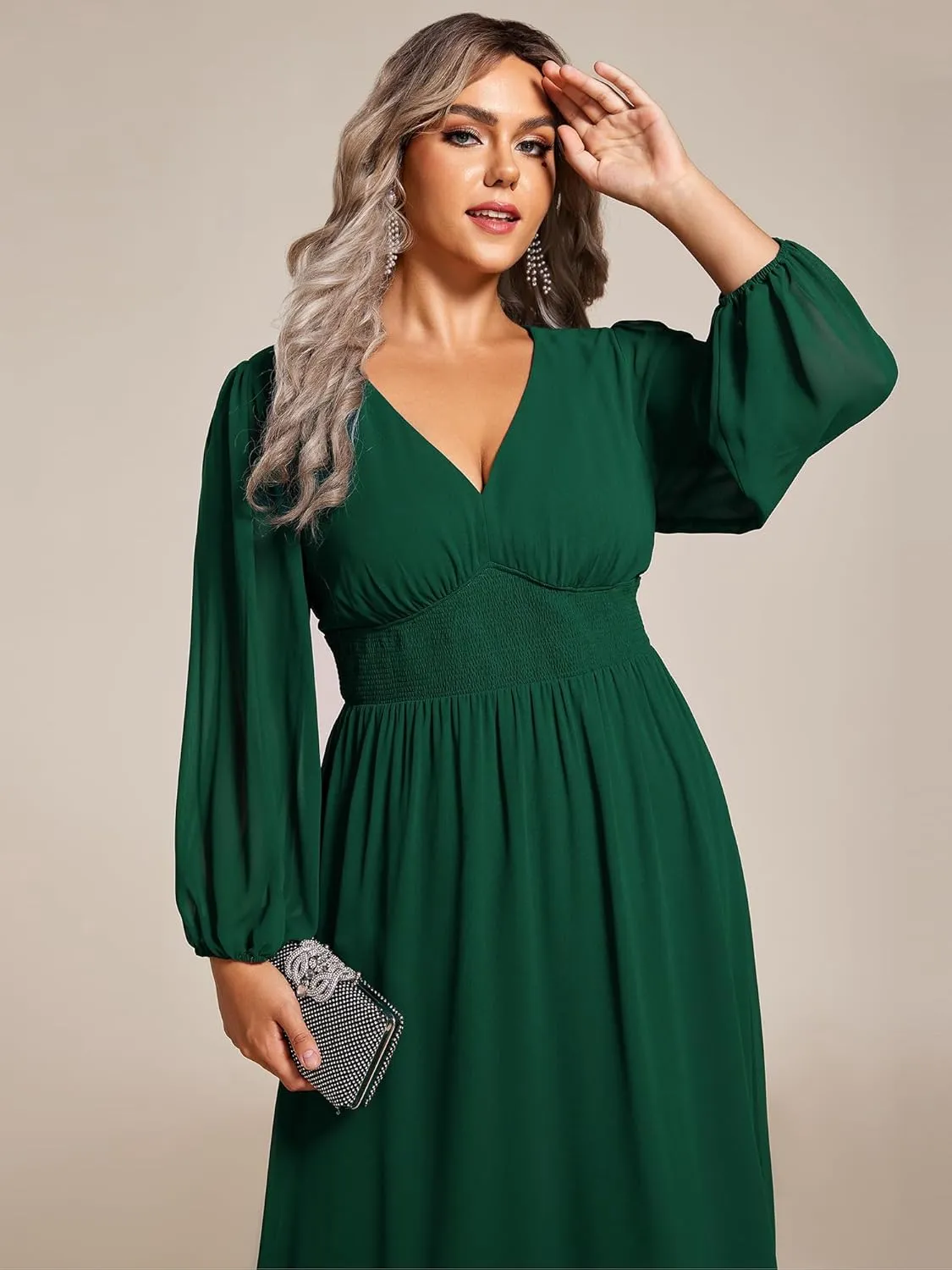 Ever-Pretty Women's A Line V Neck Lantern Sleeves Midi Plus Size Formal Fresses for Curvy Women 01929-DA