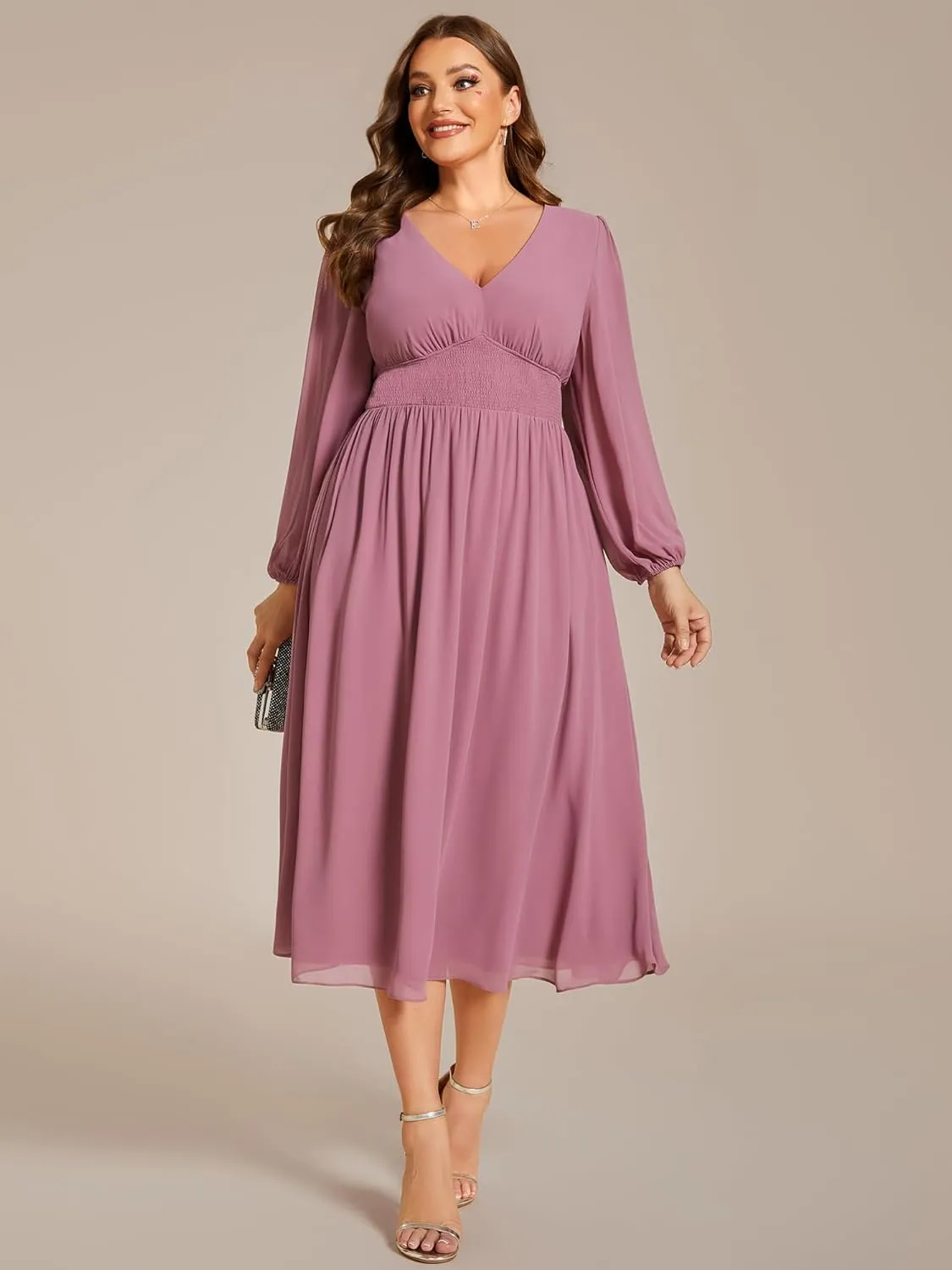 Ever-Pretty Women's A Line V Neck Lantern Sleeves Midi Plus Size Formal Fresses for Curvy Women 01929-DA